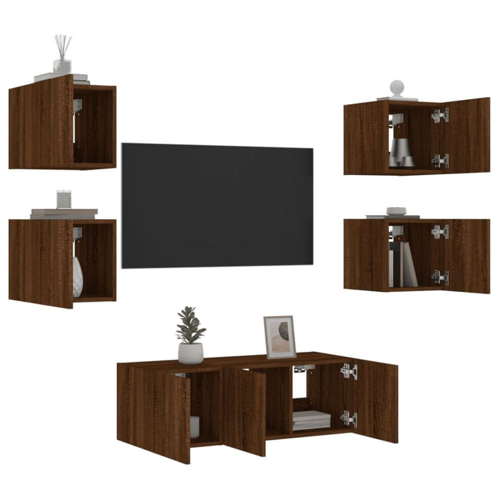 Vidaxl 6-dielne TV nástenné skrinky s LED hnedý dub kompozitné drevo
